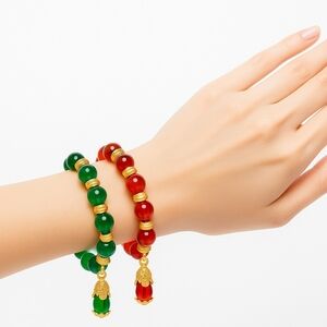 🍉2/40🍉Women’s Beaded Bracelets – Red & Green Agate with Gold Charms (Set of 2)
